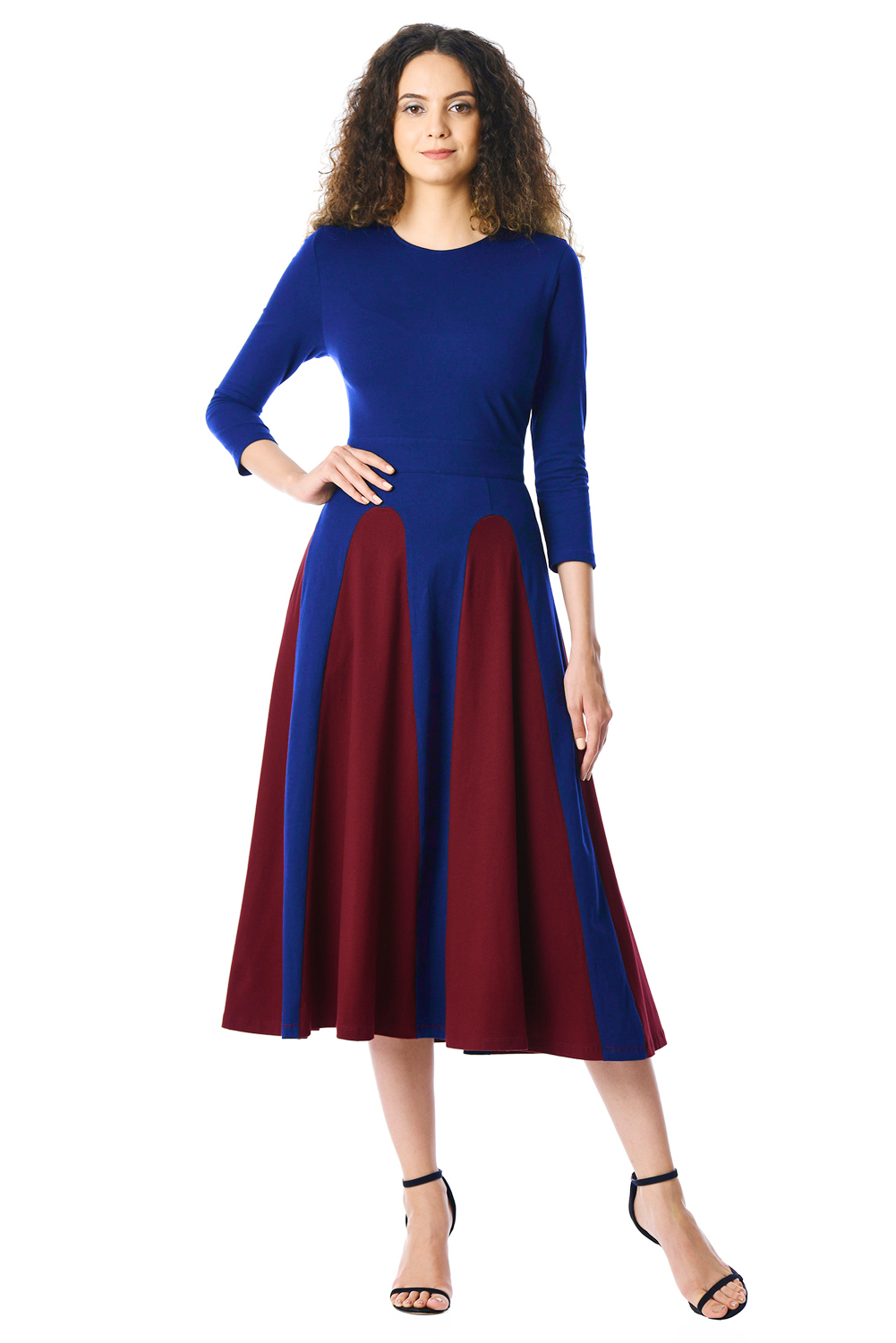 BY610383-3 Color Block  Sleeve Round Neck Midi Dress